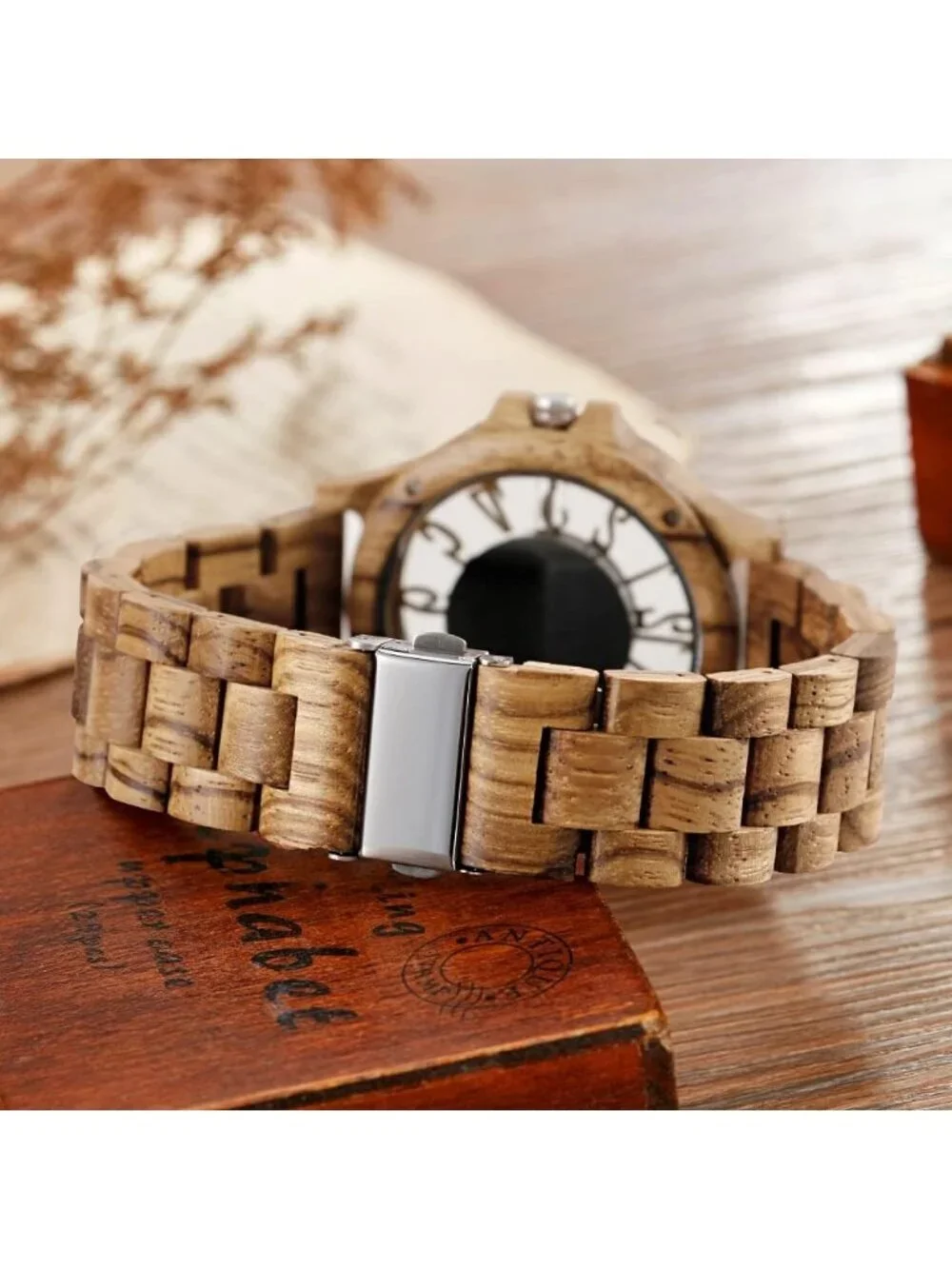Men's All Brown Quartz Ebony Zebra Fold over Clasp Wood Strap Round Wooden Watch